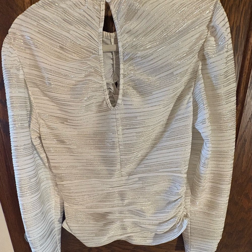 Dressy shimmery white ruched blouse with gold/silver stripes.by IRO. EUC - Picture 3 of 10
